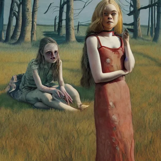 Prompt: Elle Fanning in the painted world of Scooby Doo Zombie Island, head and shoulders masterpiece, apocalypse, golden hour, cosmic horror, artstation, in the style of Andrew Wyeth and Edward Hopper and Bosch, extremely detailed