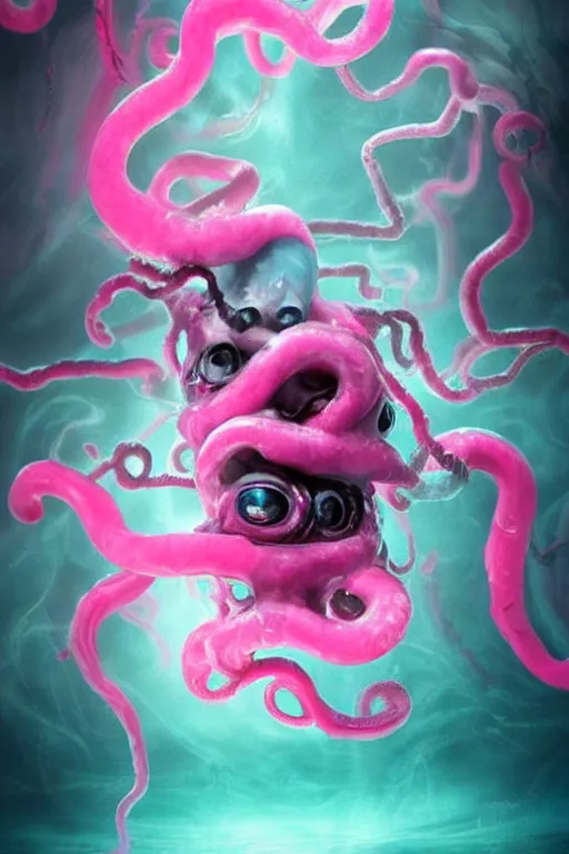 Prompt: pink and blue ooze monster with black eyes and reflective liquid, tentacles, imaginary concept villian. beautiful lighting, misty cloudy atmosphere