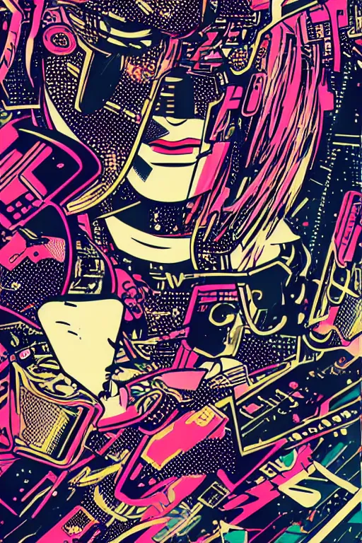 Image similar to futuristic japanese cyberpunk by roy lichtenstein, by andy warhol, ben - day dots, pop art, bladerunner pixiv contest winner, cyberpunk style, cyberpunk color scheme, mechanical, high resolution, hd, intricate detail, fine detail, 8 k