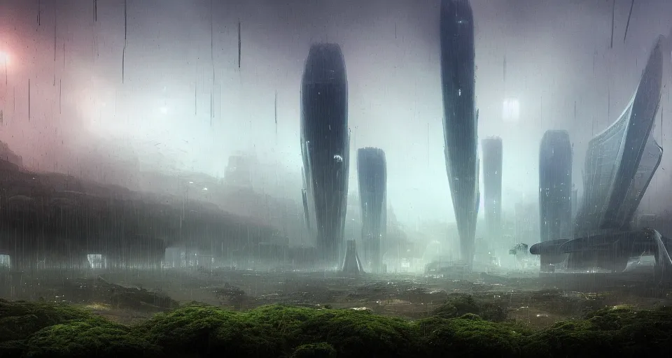 Image similar to a futuristic city scape of vertical organic farms, growing, mossy cellular structures, epic landscape, endless towering science fiction towers, raining, misty, in the style of john harris