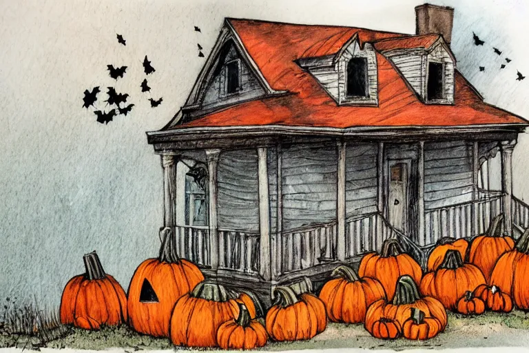 Prompt: old abandoned house on halloween night, pumpkins lit on the porch, colored pencil ink wash by scott wills and ashley wood