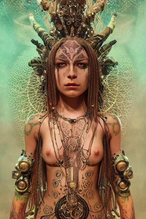 Image similar to a centered render of an mytical festival hippy with tribal tattoos wearing intricate metallic clothing surrounded by a underwater ink pour and flowing liquid gallium and sacred geometry, perfect body and face, gorgeous, cinematic, beautifully lit, by peter kemp, by karol bak, by donato giancola, 3 d, trending on artstation, octane render, 8 k