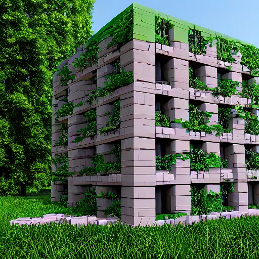 Image similar to cubic building made of bricks, overgrown with vegetation, one-point perspective, CG society, 4k, 8k