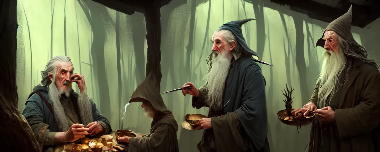 Prompt: duotone concept illustration 3 / 4 portrait of 2 persons jrr tolkien and wizard gandalf in hobbit house smoking pipe rustical style. cinematic volumentric lighting. accidental renaissance. by sachin teng and sergey kolesov and ruan jia and heng z. graffiti art, scifi, fantasy, hyper detailed. octane render. concept art. trending on artstation