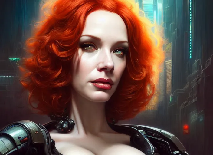 Image similar to portrait shot of a christina hendricks in cyberpunk 2 0 7 7, intricate, elegant, highly detailed, centered, digital painting, artstation, concept art, smooth, sharp focus, illustration, artgerm, tomasz alen kopera, peter mohrbacher, donato giancola, joseph christian leyendecker, wlop, boris vallejo