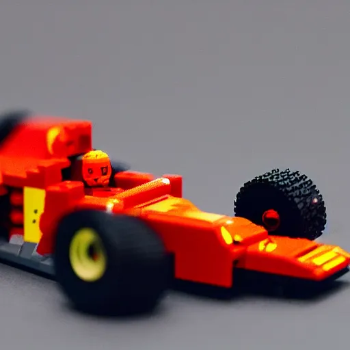 Image similar to a bionicle driving a lego ferrari f1, photo realistic, very detailed, lighting, 8k