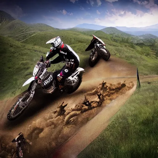 Image similar to a dramatic off road motorcycle race moment, steep uphill epic rider crash, view from a drone, realistic art