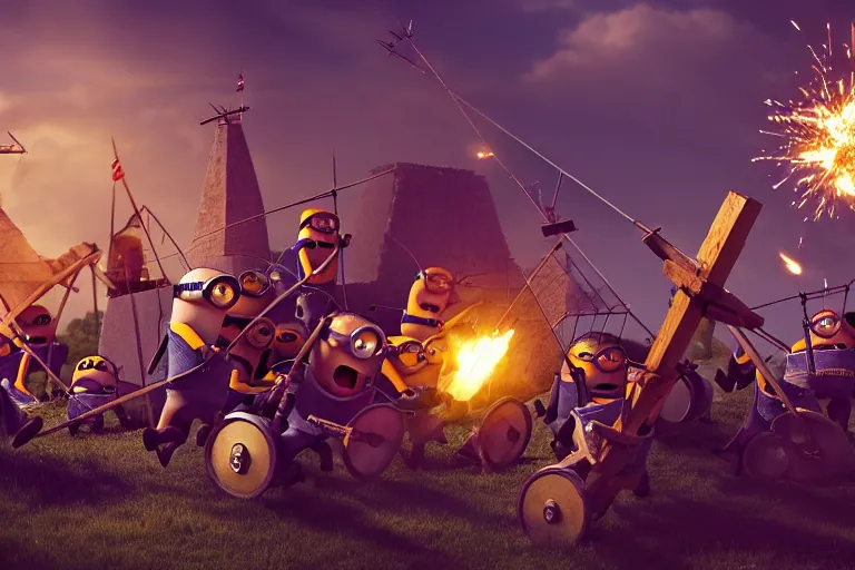 Image similar to diorama of group of minions launching a trebuchet, setting is bliss wallpaper, realistic, 4 k, detailed, atmospheric, cinematic lighting, octane render, unreal engine render, ray tracing lighting