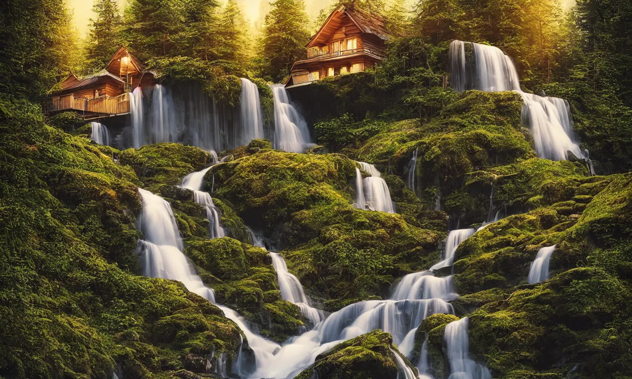 Image similar to scandinavian house in the forest on a hill, a waterfall flows down from the mountain in the background, vector art, fabulous, global illumination, warm lighting, by jordan grimmer
