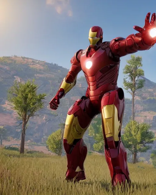 Image similar to robust bulky and sleek iron man suit in red dead redemption 2, cinematic, photorealistic