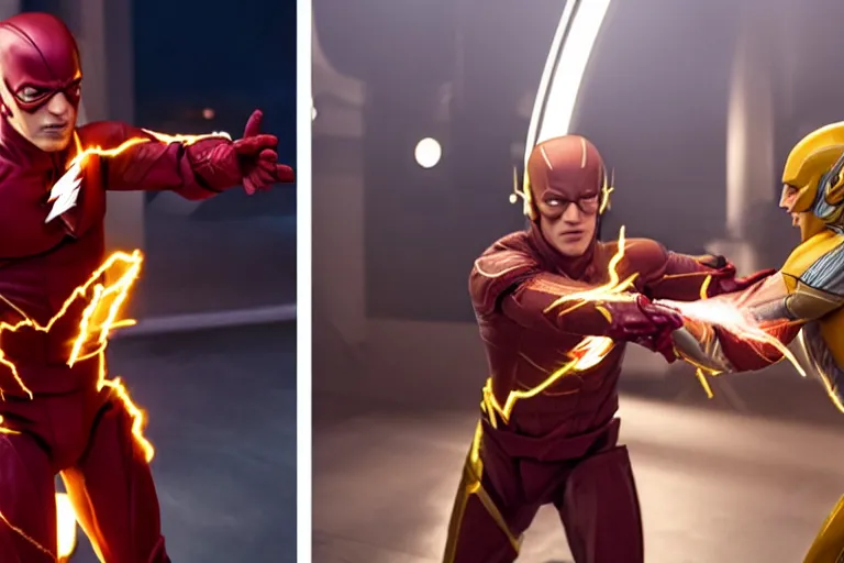 Image similar to a duel between flash ( left ) and ezra miller as flash ( right ), in space, shot on alexa, 3 5 mm cooke, still from a movie, trending on hollywood reporter