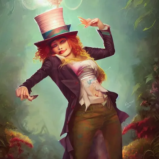 Prompt: realistic, full body portrait, attractive trashy female mad hatter, by Jordan Grimmer and greg rutkowski, crisp lines and color,