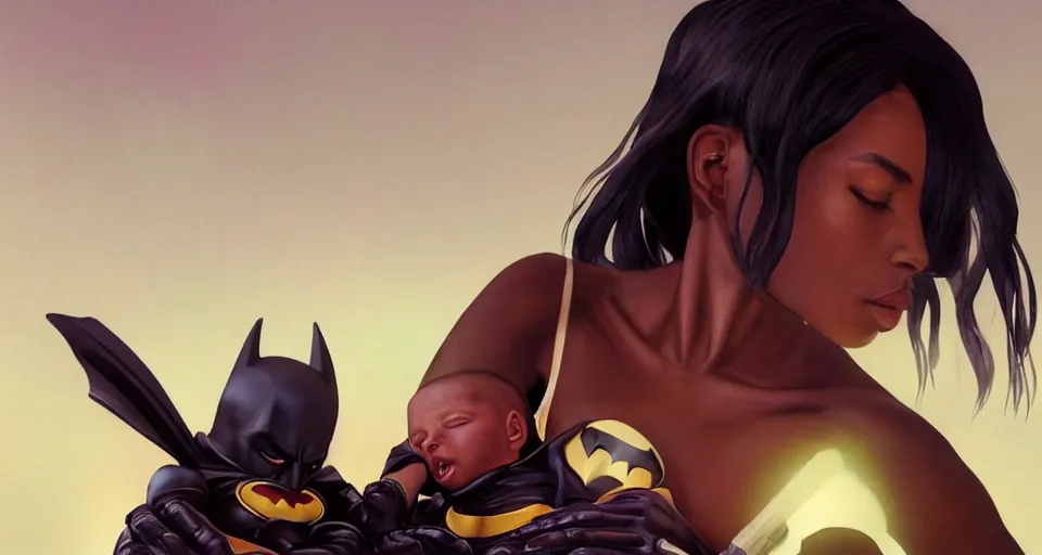 Prompt: “ a very very very very very beautiful realistic still of a stunningly beautiful melanated woman holding a newly born cyborg baby dressed as batman, devouring crayola crayons, by makoto shinkai, syd meade, starwars, space art concept, sci - fi, digital art, unreal engine, wlop, trending on artstation, 8 k uhd image, octane render ”