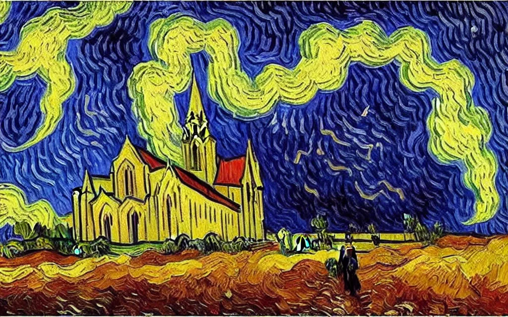 Image similar to expressionist oil painting by van gogh of lightning storm over a tall gothic church, landscape painting, expressionism, 8 k resolution detailed art, small brushstrokes, watercolor palette