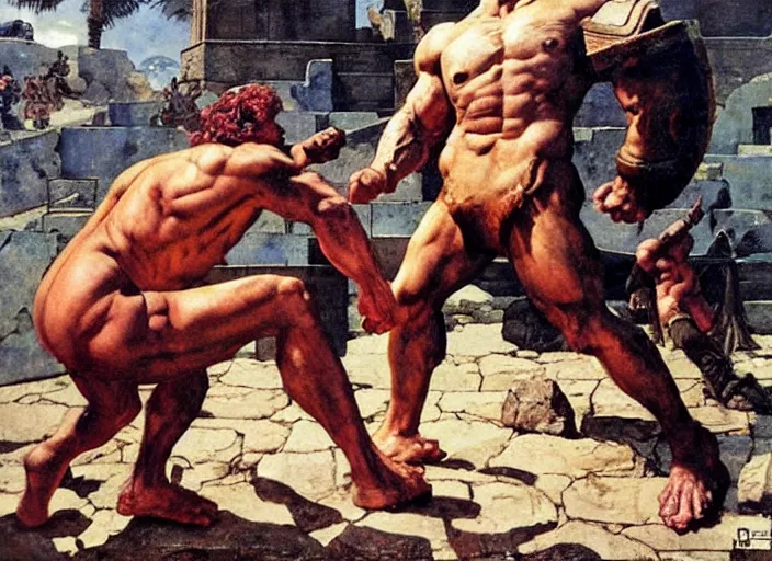Image similar to dorian yates as hercules faces the minotaur, greek temple, dynamic action, by norman rockwell and jesper ejsing and tom lovell and frank schoonover