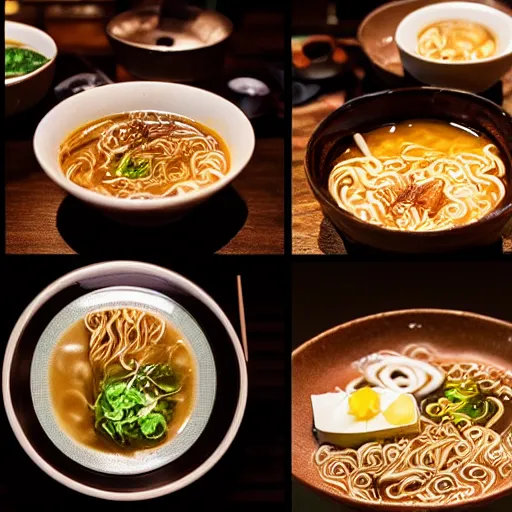 Prompt: ramen in an authentic japanese restaurant, beautiful food, michelin star kyoto restaurant, studio lighting