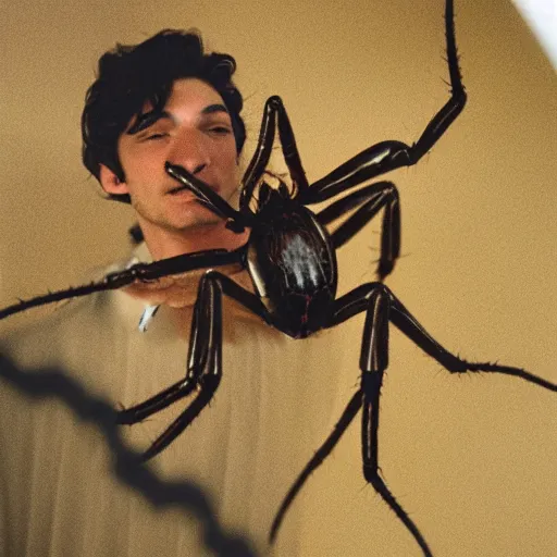 Image similar to old photo of Ezra Miller as a giant spider in an attic