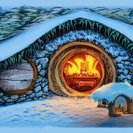 Image similar to a detailed illustration of hobbiton in winter, from the lord of the rings, round doors, hobbit burrows, a fat happy hobbit smoking a pipe