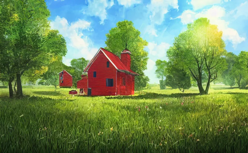 Image similar to artbook drawing of a small farm house in a pleasant meadow, tall trees and sunny skies with puffy clouds, concept art, detailed, warm colors, global illumination, intricate, heavenly