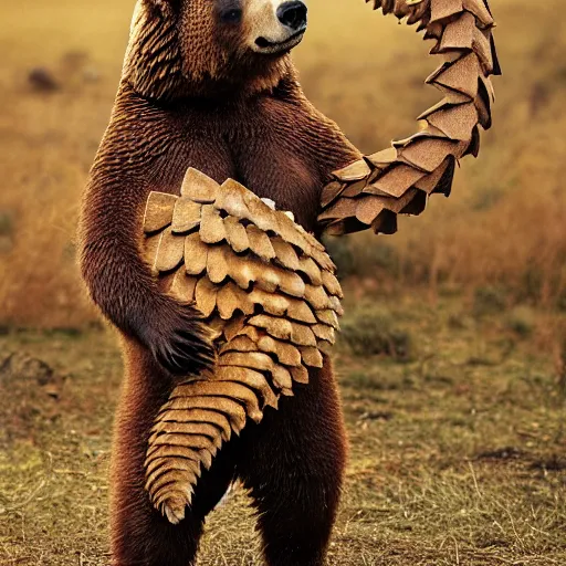 Image similar to a Bear with the armor of a pangolin, national geographic photograph