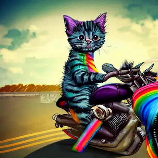 Image similar to wide angle full body, jacket wearing fluffy cute rainbow kitten wearing a black leather motorcycle jacket, riding on a motorcycle, cinematic concept art