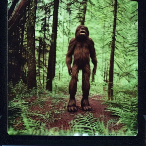 Image similar to a polaroid photo capturing bigfoot in the forest