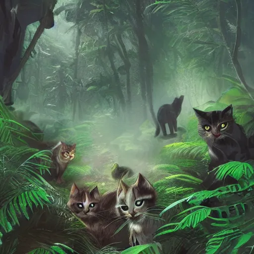 Prompt: a group of cats traveling in a very dense rainforest,artstation