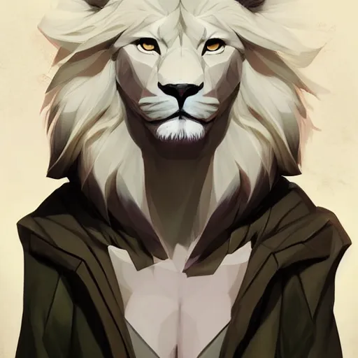 Image similar to aesthetic portrait commission of a albino male furry anthro low-poly lion, Character design by charlie bowater, ross tran, artgerm, and makoto shinkai, detailed, inked, western comic book art, 2021 award winning painting