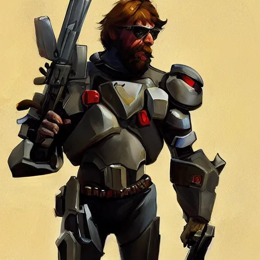 Image similar to greg manchess portrait painting of armored chuck norris as overwatch character, medium shot, asymmetrical, profile picture, organic painting, sunny day, matte painting, bold shapes, hard edges, street art, trending on artstation, by huang guangjian and gil elvgren and sachin teng