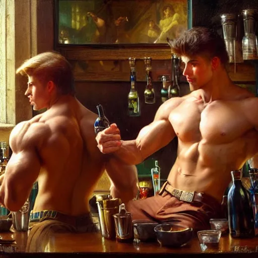 Image similar to attractive muscular male with brunet hair and attractive muscular male with blond hair. pants and shorts, drinking their hearts out, in a pub, close shot, very defined and detailed painting by gaston bussiere, j. c. leyendecker, craig mullins 8 k