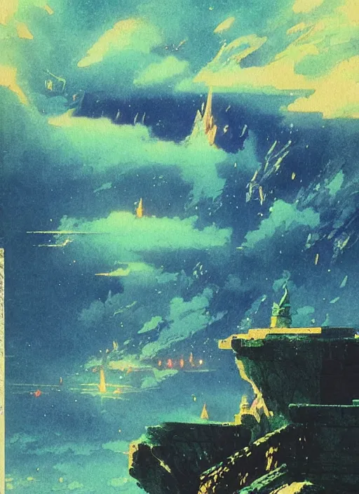 Prompt: vintage anime cinematic lush underwater glowing city on the edge of a steep cliff by Ivan Aivazovsky, watercolor concept art by Syd Mead, by william herbert dunton, watercolor strokes, japanese woodblock, by Jean Giraud