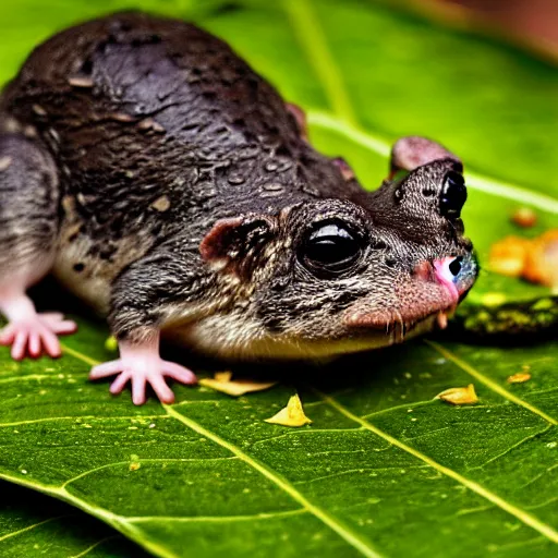 Prompt: a national geographic close-up photograph of a smiling rat with a smug toad on a giant leaf, in the rain.