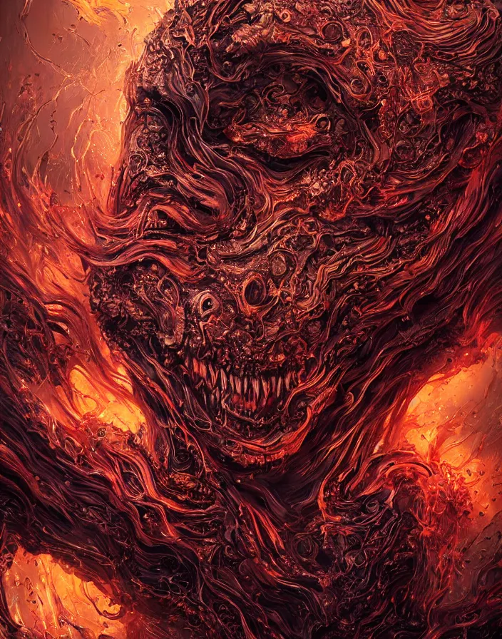 Image similar to horrific monster portrait. burning water distortions. intricate abstract. intricate artwork. by Tooth Wu, wlop, beeple, dan mumford. octane render, trending on artstation, greg rutkowski very coherent symmetrical artwork. cinematic, hyper realism, high detail, octane render, 8k, depth of field, bokeh. iridescent accents