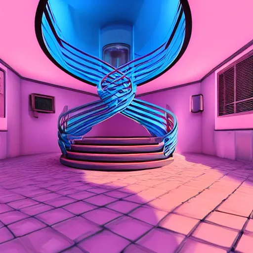 Image similar to a pink and blue interior with a spiral staircase, a raytraced image by Ricardo Bofill, featured on tumblr, retrofuturism, vaporwave, rendered in unreal engine, y2k aesthetic