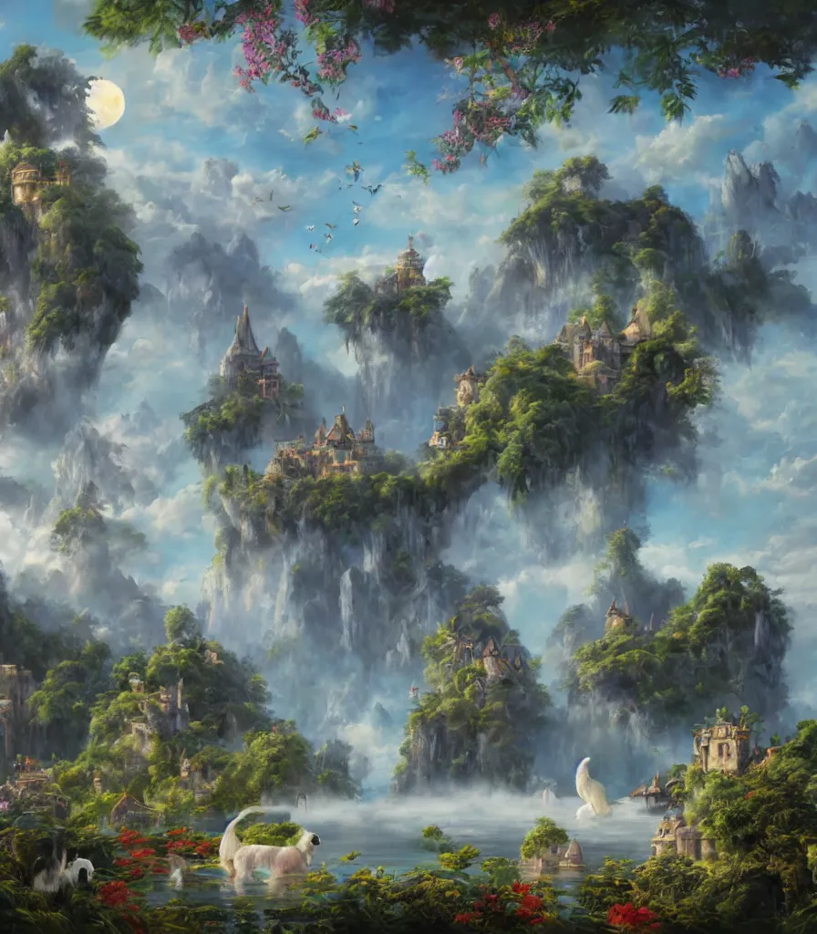 Image similar to a Breathtakingly enchanted landscape with floating Tropical islands, dogs with wings, and a mythical overgrown castle in the background, that are slightly obscured by magical mist in the style of Ken Hong Leung, artstudio, impasto oil painting, high fidelity, fine-grained, charcoal line art