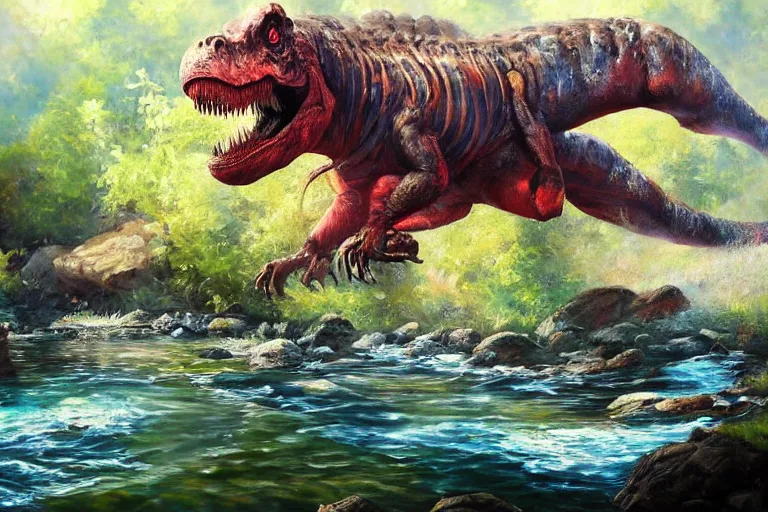 Image similar to highly detailed oil painting of a tyrannosaurus rex in a steaming colorful hotspring stream, featured on artstation
