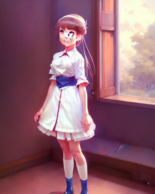 Image similar to young girl in maid uniform by Stanley Artgerm Lau, WLOP, Rossdraws, James Jean, Andrei Riabovitchev, Marc Simonetti, and kyoani, krenz cushart, pixiv