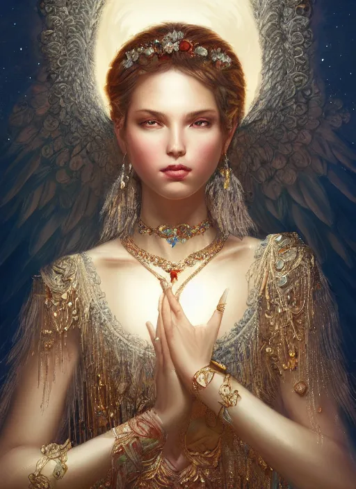 Image similar to A beautiful digital painting of a female angel full of jewels, princess, the moon behind her, intricate, cinematic lighting, highly detailed, digital painting, Artstation, concept art, smooth, sharp focus, illustration, art by Tom Bagshaw, Artgerm and Greg Rutkowski