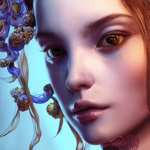 Image similar to the portrait of a blueberry that resembles an absurdly beautiful, graceful, elegant, sophisticated woman, an ultrafine hyperdetailed illustration by kim jung gi, irakli nadar, intricate linework, bright colors, octopath traveler, final fantasy, unreal engine 5 highly rendered, global illumination, radiant light, detailed and intricate environment