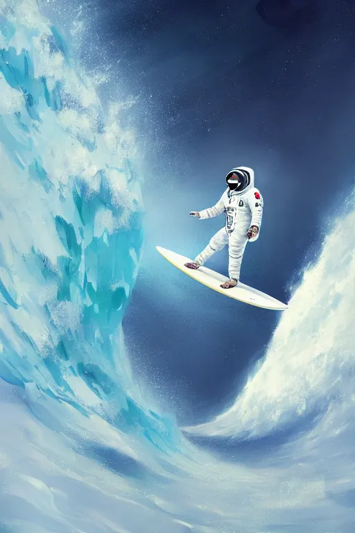 Image similar to a beautiful digital painting of an astronaut in a white space suit surfing the great wave on a surfboard by greg rutkowski, photorealistic, trending on artstation, octane render