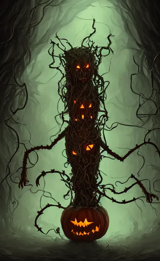 Image similar to fantasy monster concept art, a jack o lantern monster with vines for a body walking down a street of nightmares, dynamic lighting, photorealistic, trending on art station, stunning visuals, creative, cinematic, ultra detailed, atmospherical, ambient lighting, scary art, eery art