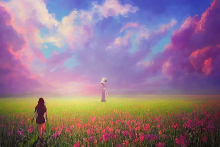 Image similar to giant gladiola head, girl walking in field of flowers, surreal photography, sunrise, blue sky, dramatic light, impressionist painting, digital painting, artstation, simon stalenhag