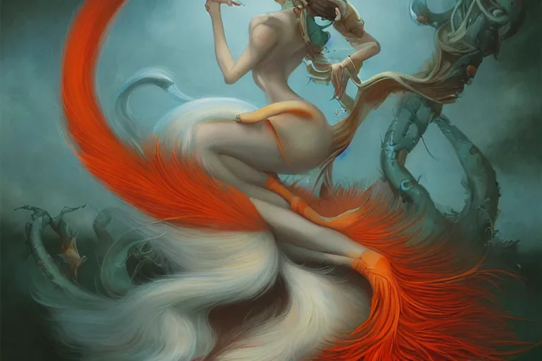 Prompt: prompt A beautiful red orange kumiho, fluffy nine fox tails, Peter Mohrbacher