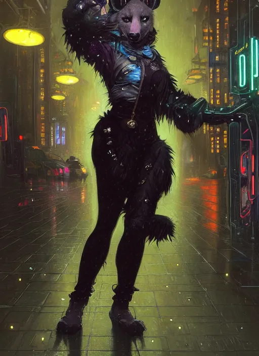 Image similar to beautiful full-body portrait commission of a [female furry anthro!!! spotted hyena fursona] [wearing jedi robes] [in a cyberpunk city at night in the rain]. Neon light. Atmospheric. Renowned character illustration by greg rutkowski, thomas kindkade, alphonse mucha, loish, norman rockwell. detailed, dungeons and dragons character art