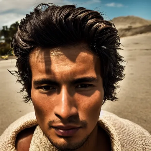 Image similar to color portrait of a peruvian male model by emmanuel lubezki