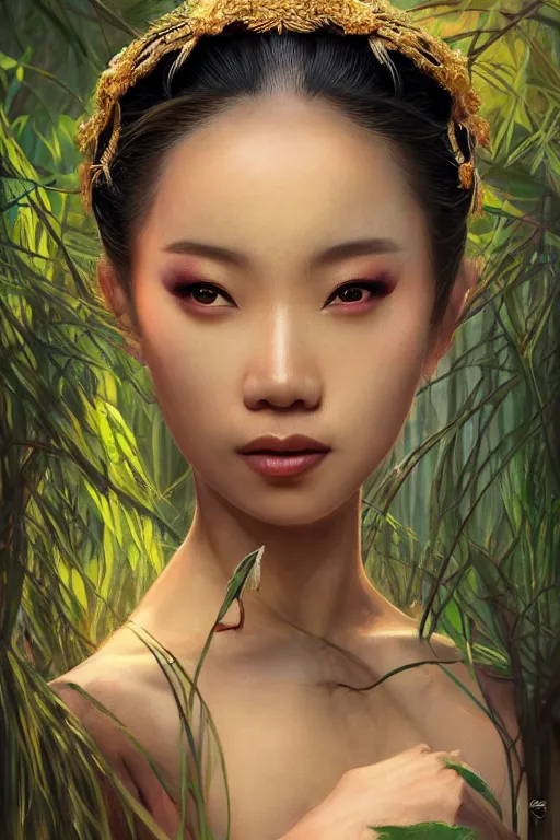 Prompt: stunningly beautiful, filipina geisha prima ballerina in jungle, symmetrical face, golden hour, smooth, focus, highly detailed, hyper realistic, dramatic lighting, elegant, intricate, concept art, art by wlop, mars ravelo, greg rutowski, artstation