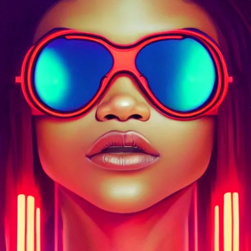 Prompt: zendaya wearing opaque reflective goggles profile picture by Greg Rutkowski, brown skin, very long hair, dune, asymmetrical, futuristic, neon volumetric lights, cool colors, streetwear, studio ghibli, Organic Painting , Matte Painting, geometric shapes, hard edges, street art, trending on the artstation, fantasy LUT, realistic by Sachin Teng + Martin Grip + Moebius, techwear, Industrial Scifi, detailed illustration, character portrait, dramatic, graphic,