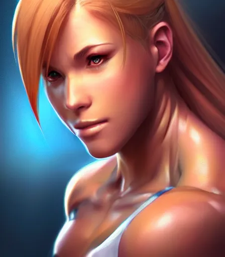 Prompt: beautiful portrait of a gorgeous personal trainer who looks like Samus Aran , character design by charlie bowater, ross tran, artgerm, and makoto shinkai, detailed, soft lighting, rendered in octane