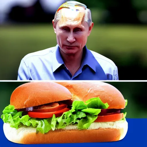 Image similar to Vladimir Putin, slathered in mayonnaise On a bed of lettuce and tomato between a bread bun