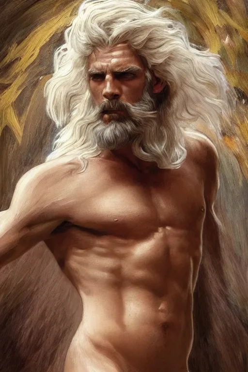 Image similar to painted portrait of rugged zeus, god of thunder, greek god, white hair, masculine, mature, handsome, upper body, flowy robe, muscular, hairy torso, fantasy, intricate, elegant, highly detailed, digital painting, artstation, concept art, smooth, sharp focus, illustration, art by gaston bussiere and alphonse mucha